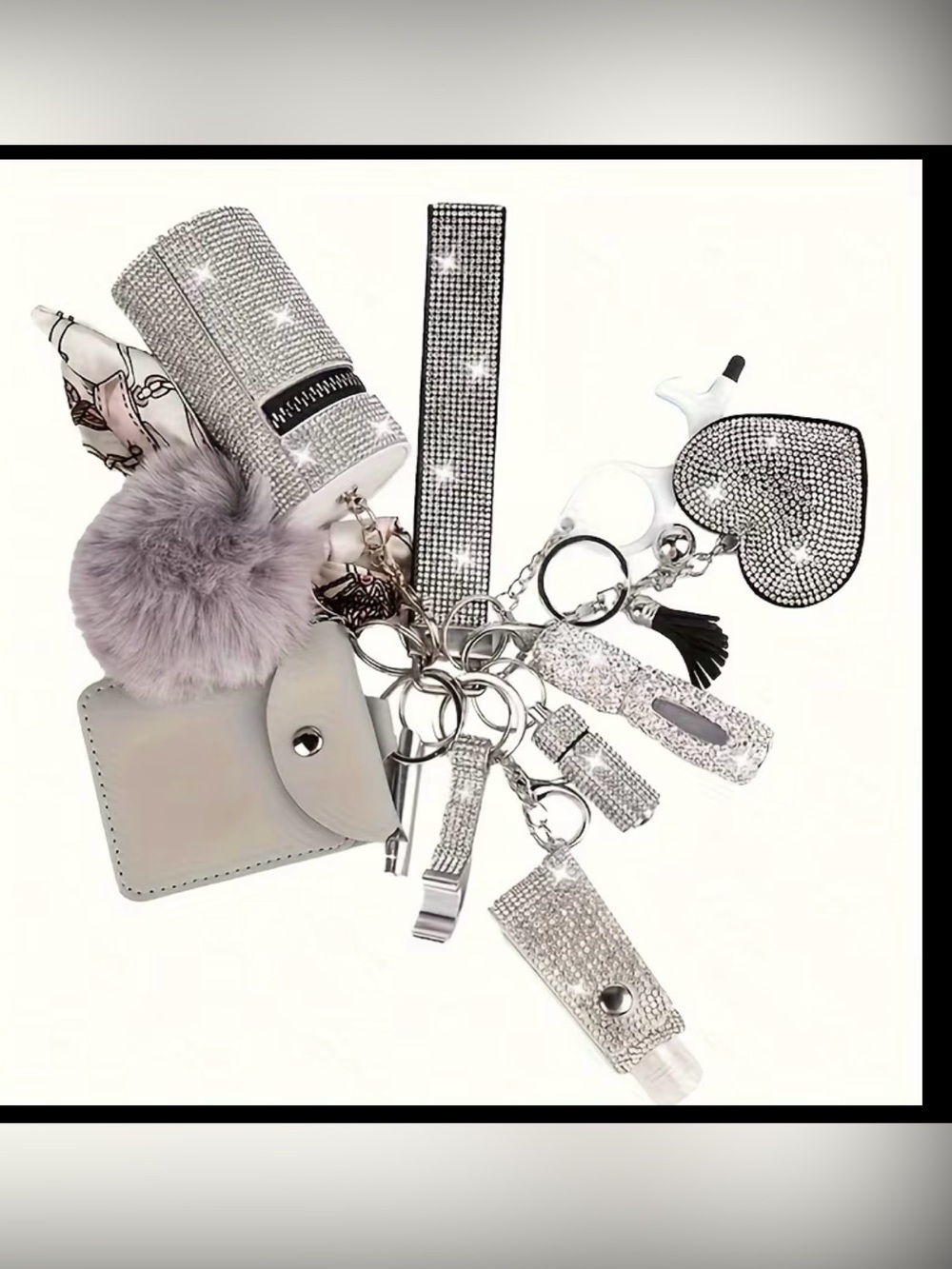 Crystal-Embellished Silver Key & Card Holder Set with Pom Pom
